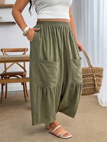 Enliva Plus Size Loose Fit Large Pocket Casual Pants Fall - Army Green - View 3