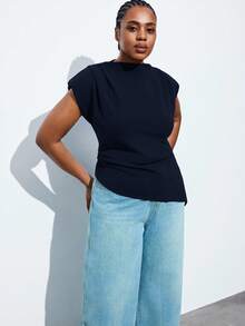 Maija Plus Size Summer Fashion Solid Color Wide Shoulder Asymmetric Hem Tank Top - Navy Blue - View 4