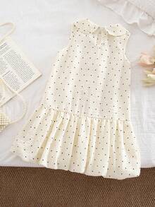 SHEIN Elladie kids 女童可愛甜美圓點印花彼得潘領無袖拼接荷葉邊裙襬洋裝，休閒夏季穿搭 - 彩色 - 查看 4