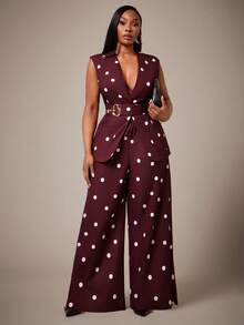 Radiana Plus Size Women's Classic Retro Polka Dot Vest And Wide Leg Pants Set Summer Holiday Outfits - Brown - View 1