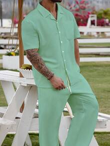 Manfinity RSRT Plus Size Men's Solid Color Short Sleeve Single-Breasted Shirt And Pants Set - Mint Green - View 6