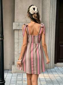 Pariaura Vintage Cute Boho Pink Stripe V-Neck Bow Strap Dress / Sexy Fitted / French Retro Mini Vacation Summer - Multicolor - View 2