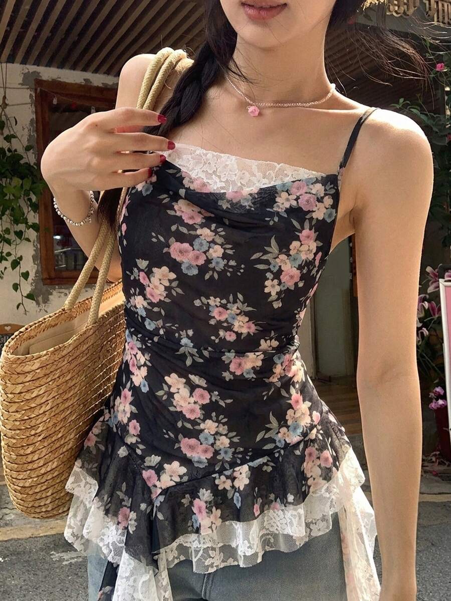 DAZY Women's French Floral Print Lace Patchwork Strap Camisole - Black - View 1