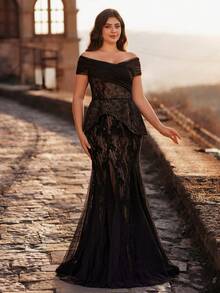 Aureia Plus Size Elegant Luxurious Black Sequin Lace Patchwork Mesh Off Shoulder Mermaid Hem Patchwork Triangular Mesh Dress, Suitable For Evening Party, Gala, Date, Vacation, Wedding, Music Festival, Formal Occasion (Intricate Design) - Black - View 3