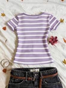 SHEIN Striped Digital Print Fashionable Minimalist V-Neck Short Sleeve T-Shirt, Gift For Friends - Multicolor - View 2