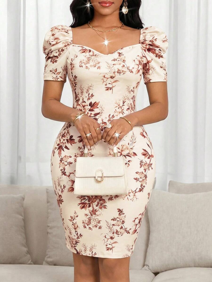 SHEIN Lady Women's Fashionable Elegant Sweetheart Collar Floral Print Petal Sleeve Short Dress Party Garden Party Summer Beige Vacation Outfits - Multicolor - View 1
