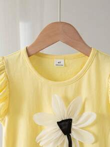 SHEIN 少女可愛3D花朵裝飾T恤，適合日常穿著、外出、休閒 - 芥末黃 - 查看 6