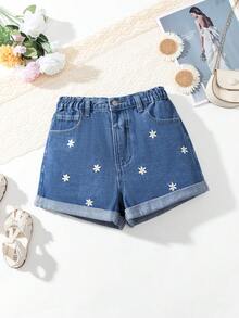SHEIN Jeans stile Y2K per ragazze pre-adolescenti, denim slavato vintage, tasche con ricamo a fiocco rosa, pantaloncini di jeans a gamba dritta morbidi e comodi, abbigliamento casual di strada - Blu lavato medio - Visualizzare 1