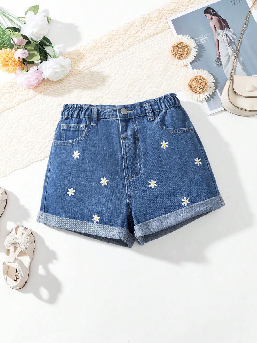 SHEIN Jeans stile Y2K per ragazze pre-adolescenti, denim slavato vintage, tasche con ricamo a fiocco rosa, pantaloncini di jeans a gamba dritta morbidi e comodi, abbigliamento casual di strada - Blu lavato medio - Visualizzare 1