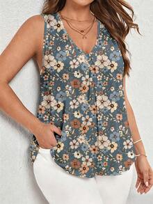 Comfylo Plus Size Casual Ditsy Floral V-Neck Pleated Sleeveless Top, Spring/Summer - Multicolor - View 5
