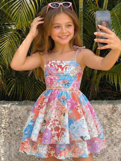 SHEIN Tween Girls' Summer Casual Vacation Sleeveless A-Line Chiffon Dress