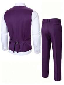Manfinity Mode Men's Business Button Vest Jacket And Casual Pocket Pants Suit Set - Purple - View 2