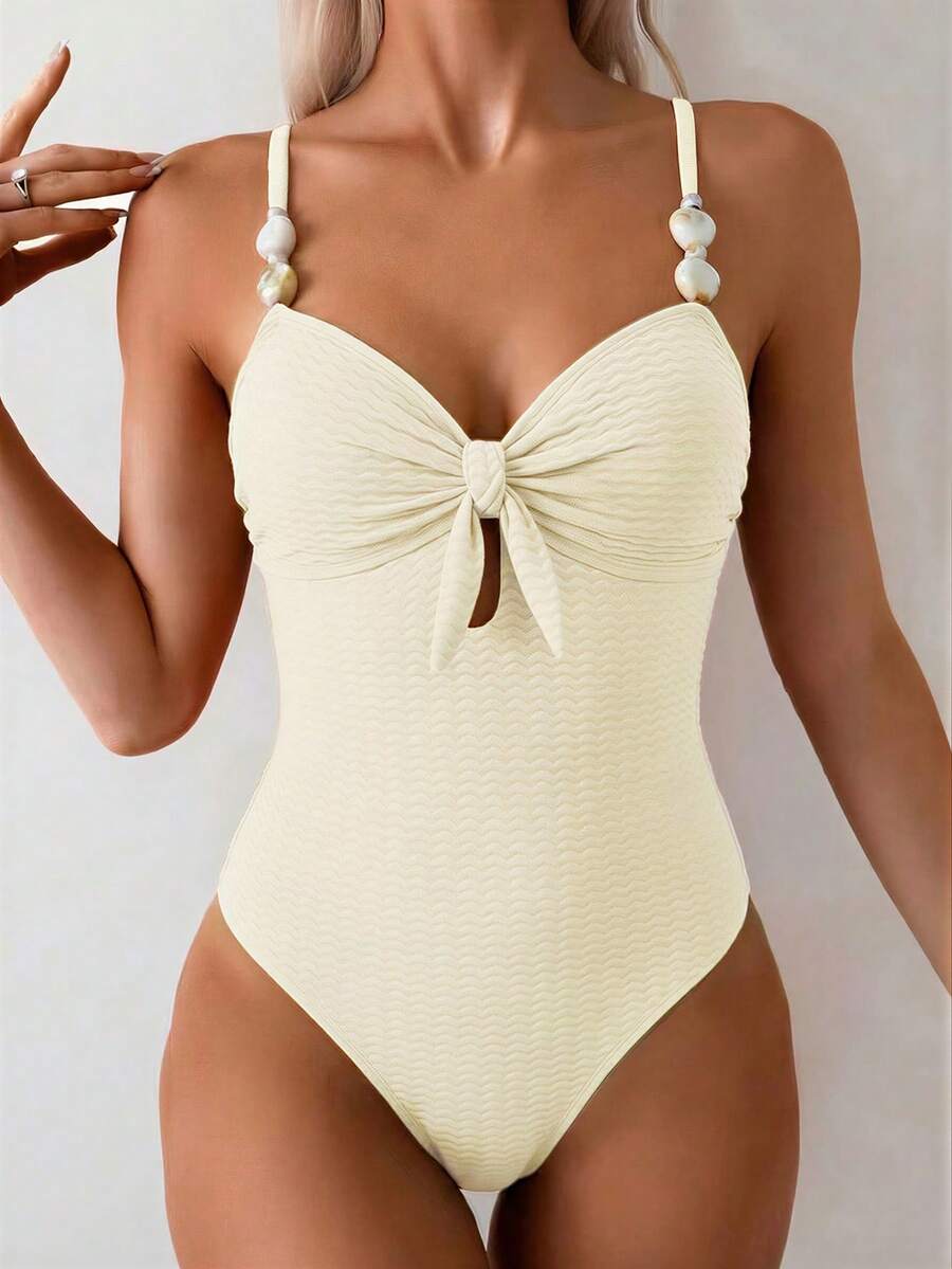 Swim Lushoire 女款素色紋理面料珠飾裝飾性感一件式泳衣,適合海灘度假 - 杏色 - 查看 1