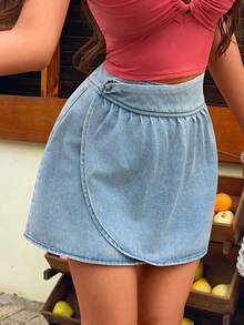 SHEIN Chân váy denim ngắn nữ kiểu dáng bất đối xứng eo, đa năng. - Màu xanh lam - Xem 5