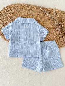 SHEIN Vintaside Kids 新生儿夏季翻领短袖简约休闲百搭衬衫，搭配清爽色彩休闲时尚百搭短裤套装，适合户外休闲散步、聚会、旅行和度假。 - 藍色 - 查看 3