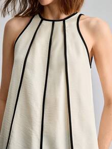 Ontre Women's Black And White Striped Summer Vest Top,Loose Fit Contrast Binding Design,Round Neck Button Tank Top,Smart Casual Office Wear,Elegant - Apricot - View 5