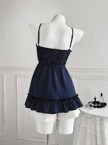Sweetra Plus Size Sommar Nytt Franskt Polkadot Linne med Spänne i Midjan - Marinblå - Visa 2
