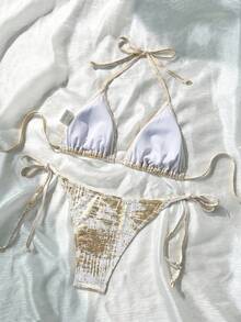 SHEIN Swim 女款掛脖細肩帶三角杯比基尼套裝，夏季海灘熱帶度假派對閃亮白色性感款 - 彩色 - 查看 2