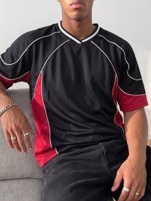 Manfinity Gritte Field Camiseta deportiva de manga corta de ajuste holgado con color contrastante para hombres - Negro - Ver 6