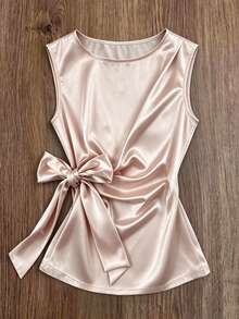 INAWLY Women's Solid Color Satin Sleeveless Tie Waist Bow Blouse - Dusty Pink - View 1
