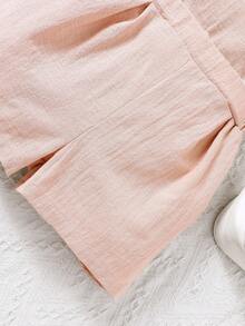 SHEIN Young Girl Cotton Linen Ruffle Collar Jumpsuit, Spring/Summer - Pink - View 4