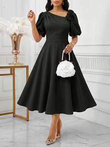SHEIN Lady 女款3D花朵裝飾抓皺腰身優雅洋裝 - 黑色 - 查看 5