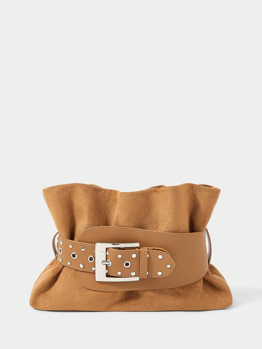 SHECARRY Tas Clutch Wanita Berwarna Cokelat yang Modis, Dihiasi dengan Detail Gesper Sabuk, Bahan Sambungan yang Halus dan Lembut, Cocok untuk Penggunaan Sehari-hari, Bepergian, dan Pesta. - Coklat - View 1