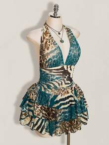 SHEIN ICON Đầm size lớn họa tiết da báo cổ yếm, eo nhún, nhiều lớp voan - Nhiều màu - Xem 7