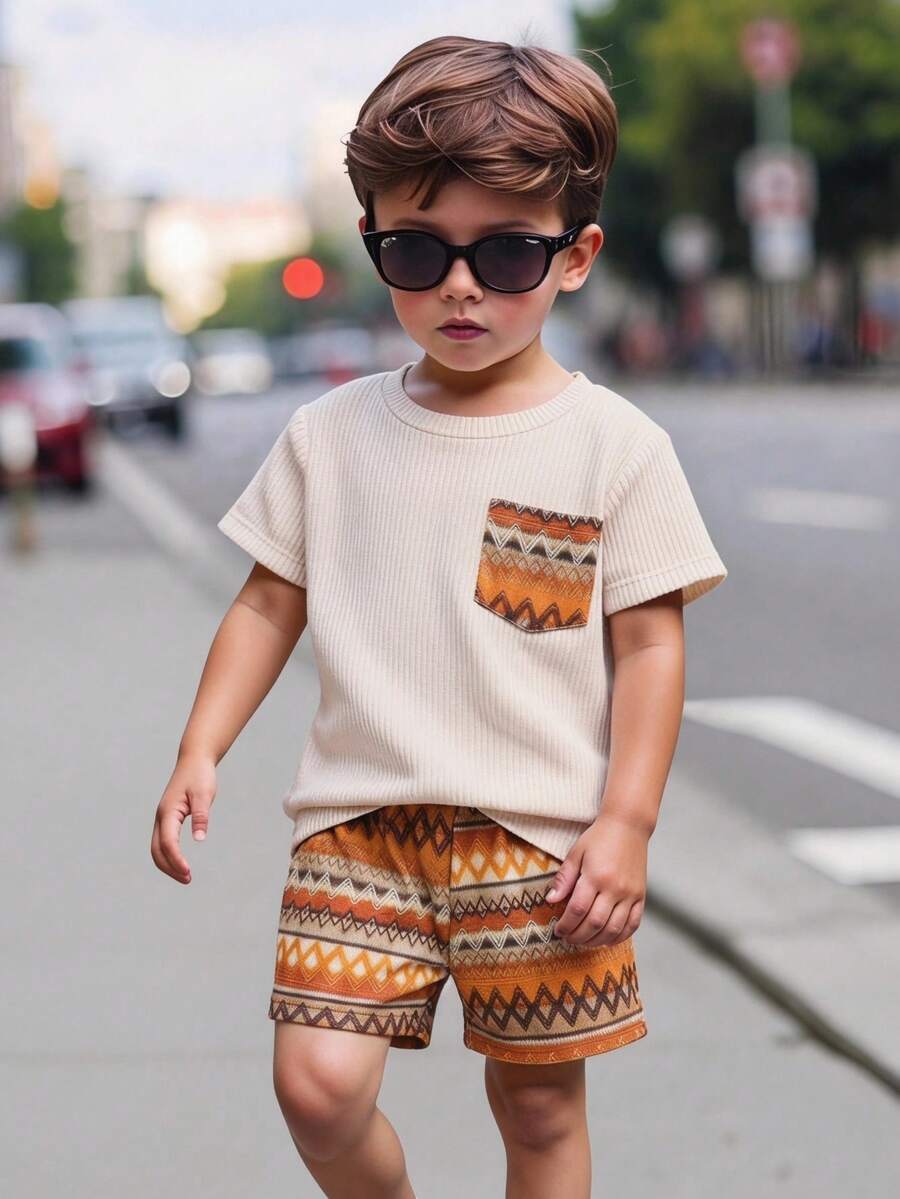 SHEIN Young Boy Round Neck Pocket Short Sleeve T-Shirt And Contrast Color Shorts Casual Daily Outfit - Khaki - View 1