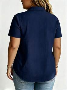 Linhara CURVE Kemeja Kasual Musim Panas Tenun Bordir Ukuran Besar untuk Liburan - Navy Blue - View 2
