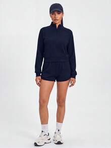 SHEIN BASICS Sports Tennis Basic Outdoors With SWEATSHIRT AND SHORT Pants SET - Navy Blue - View 2