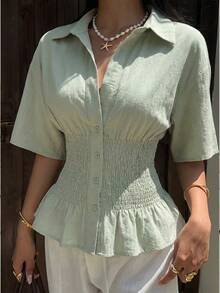 SHEIN EZwear Mint Green Woven Button-Down Short Sleeve Shirt For Women,Summer Top - Mint Green - View 3