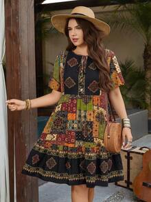 SHEIN LUNE Plus Size Women Floral Print Tie Neck Short Sleeve Casual Dress - Multicolor - View 5