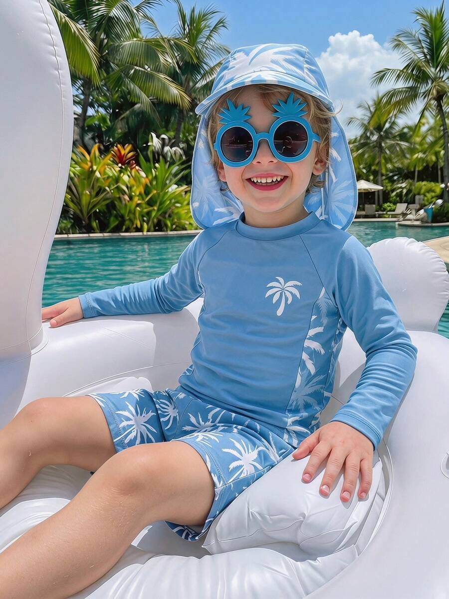 SHEIN 3pcs/Set Young Boy Casual Summer Holiday Coconut Tree Print Long Sleeve Shorts & Sun Hat Swimwear Set,Suitable For Spring,Beach,Pool Party,Vacation - Multicolor - View 1