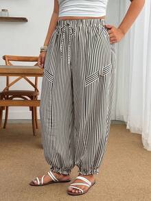 Enliva Plus Size Casual Striped Elastic Cuffed Pants - Black and White - View 7