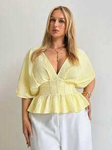 Auralis Navy Blue Faux Denim Deep V Pleated Wrap Bust Plus Size Short Sleeve Blouse/Elegant Commute Office Wear Top/Elastic Ruched Waist Ruffle Hem Blouse - Yellow - View 7