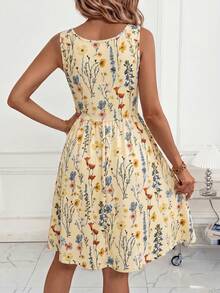 SHEIN Clasi Vestido de flores con cuello en U y cintura ceñida, elegante y nuevo, adecuado para uso diario y vacaciones - Amarillo - Ver 2
