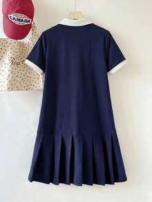 SHEIN 青少年女孩深藍色 Polo 領刺繡百褶下擺休閒洋裝，校服風格 - 彩色 - 查看 2