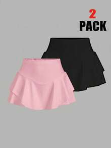 SHEIN Girlism Tween Girl 2 Packs Knitted Solid Color Cute Ruffle Layered Built-In Shorts Mini Skirt, Back To School, Teen Skirts Set, Ruffle Skort 3packs Set - Multicolor - View 3