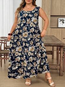 SHEIN CURVE+ 大尺碼女款無袖花卉印花洋裝，夏季、度假女裝，秋季女裝，冬季，CURVE PLUS - 彩色 - 查看 7