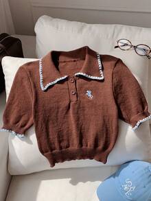 Comfortcana 女款對比飾邊刺繡休閒針織上衣，百搭日常穿著 - 咖啡棕 - 查看 6