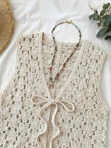 Levarali Plus Size Women Fashionable Bohemian Tie Front Sleeveless Cardigan Fall - Camel - View 3
