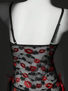 Seduluxe 2件套女士性感蕾丝拼布睡袍套装 - 黑色 - 查看 8
