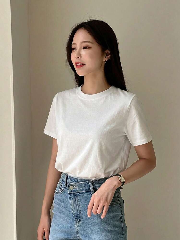 Women's Casual Solid Color Short Sleeve T-Shirt, Summer