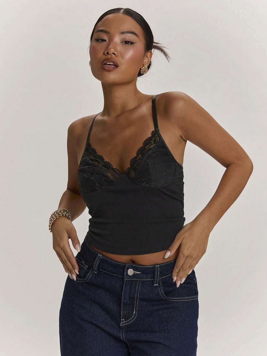 SHEIN BAE Women's Contrast Lace Fitted Camisole Everyday Black Summer Casual Sexy Night Out Date Night - Black - View 1