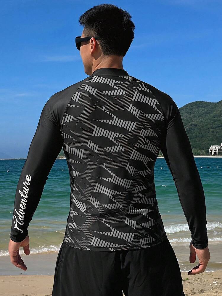 Men's Long Sleeve Patchwork Design Letter Print Rash Guard Swimwear
