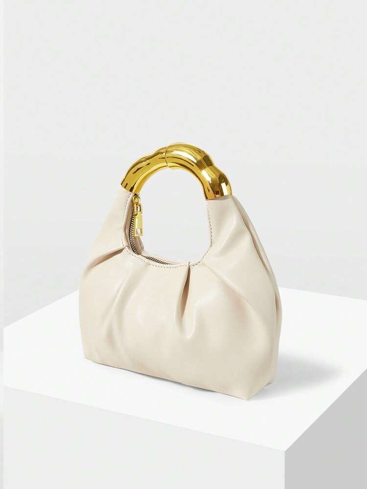 WOMEN'S FASHIONABLE SOFT PLEATED HANDBAG, EXQUISITE GOLD HANDLE, FRESH BEIGE, SUITABLE FOR DAILY, COMMUTING, SHOPPING, DATING MATCHING
