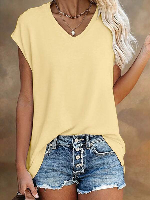 EMERY ROSE Women's Solid V-Neck Casual Versatile Daily Wear T-Shirt Everyday Pale Yellow Summer