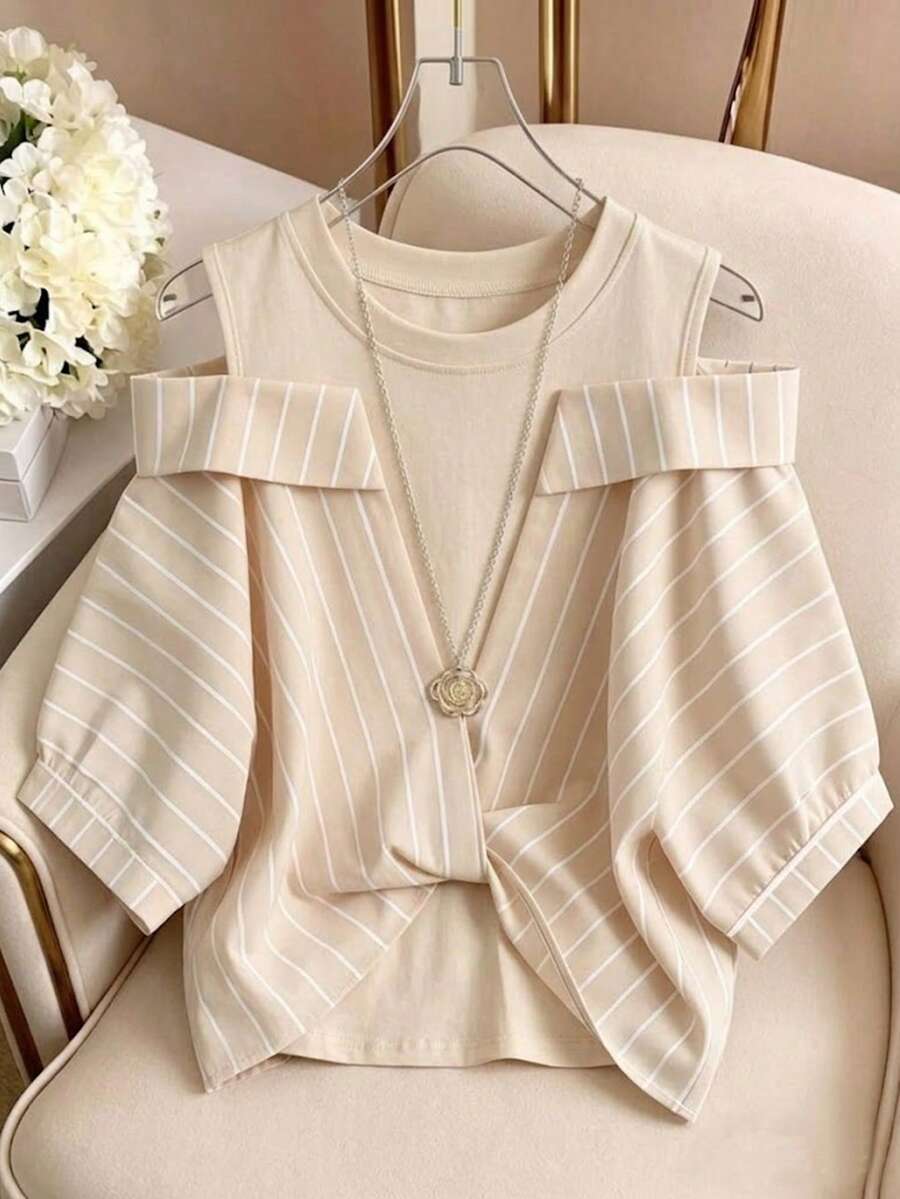 GlowEve Striped 2 In 1 Shirt Vacation Outfits For Women - Apricot - View 1