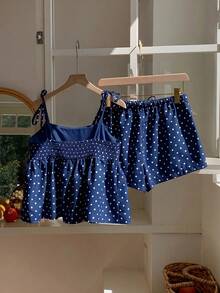 Comfortcana Bộ đồ đi nghỉ mát nữ gồm áo hai dây và quần short chấm bi, màu xanh navy, trang phục đi nghỉ mát cho nữ. - Màu xanh hải quân - Xem 2